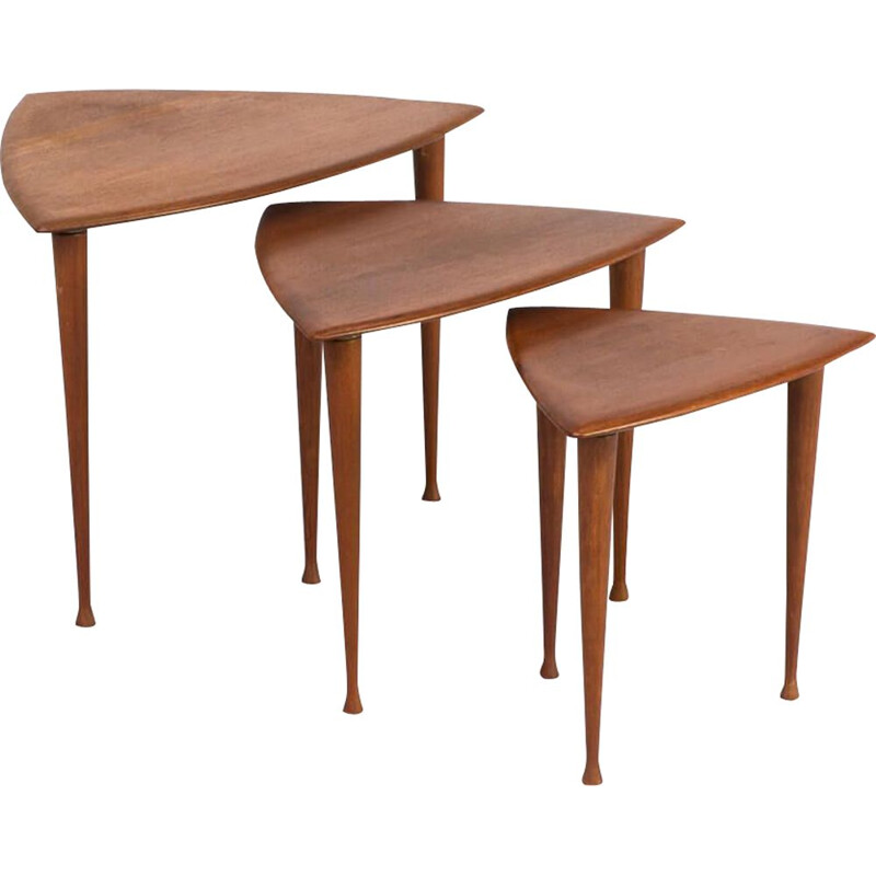 Vintage teak veneer triangle nesting tables for Selig Poul Thorsbjerg Jensen 1950s