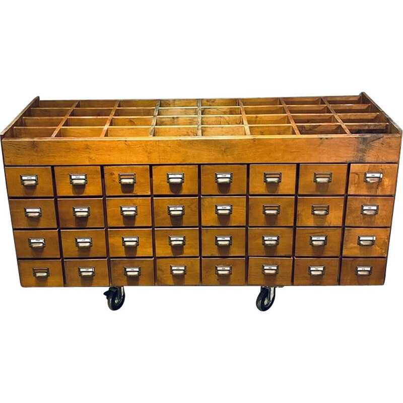 Large vintage industrial wooden chest of drawers with 32 filing drawers