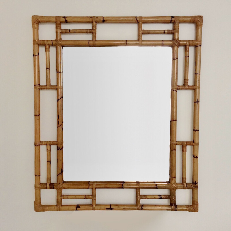 Large decorative vintage bamboo mirror, Italy 1970