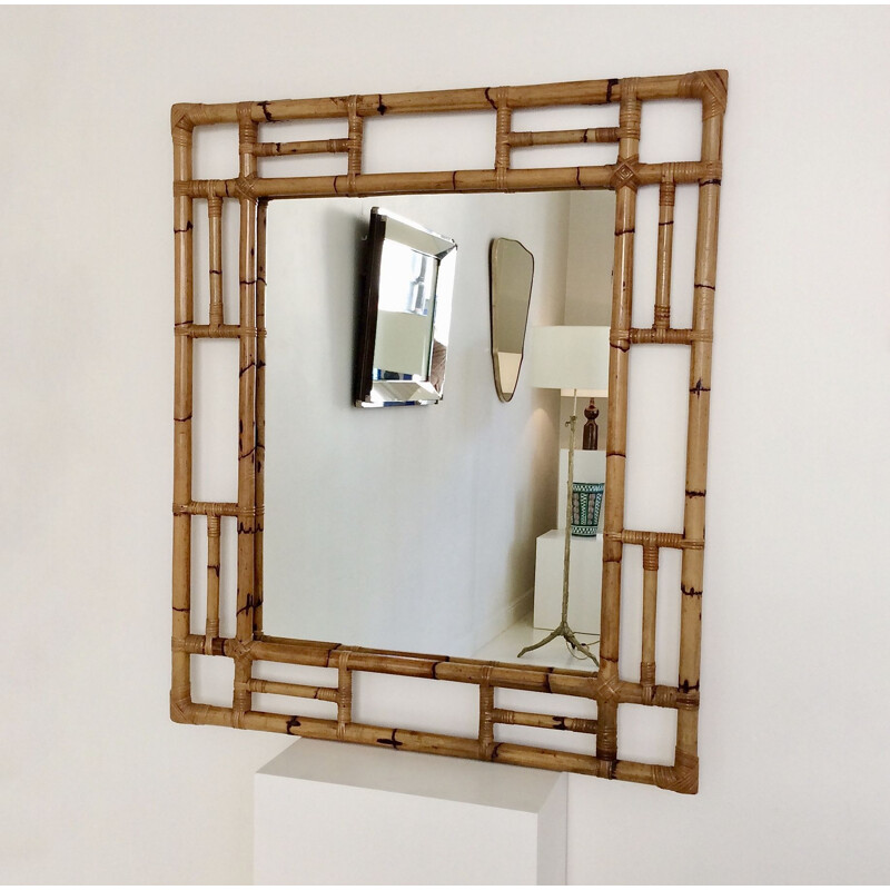 Grand miroir vintage décoratif en bambou, Italie 1970