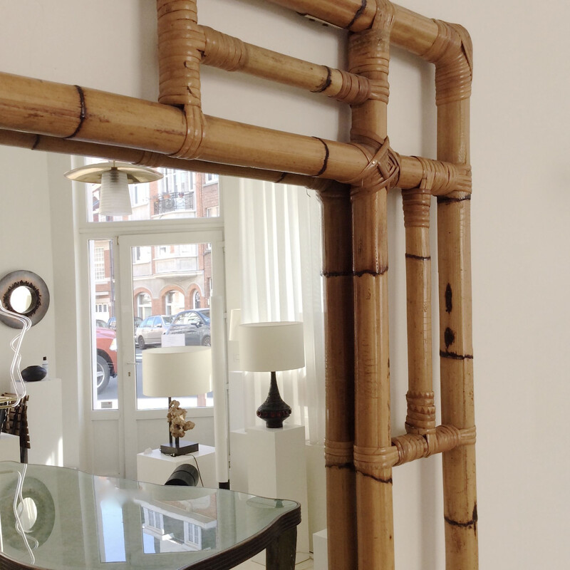 Large decorative vintage bamboo mirror, Italy 1970