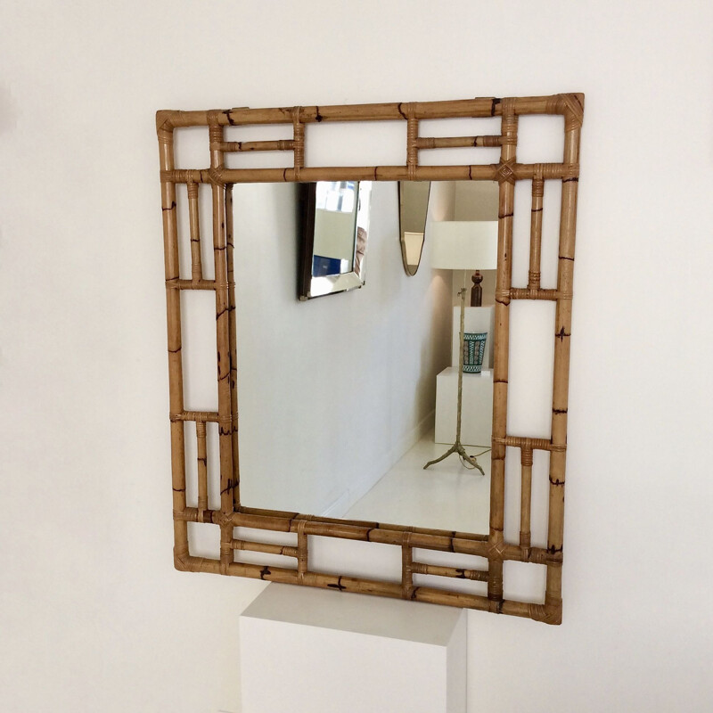 Large decorative vintage bamboo mirror, Italy 1970