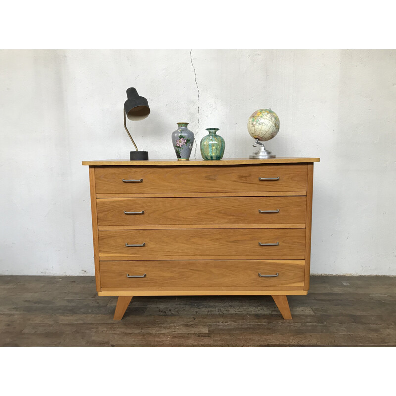 Vintage light oak chest of drawers with compass feet 1950's