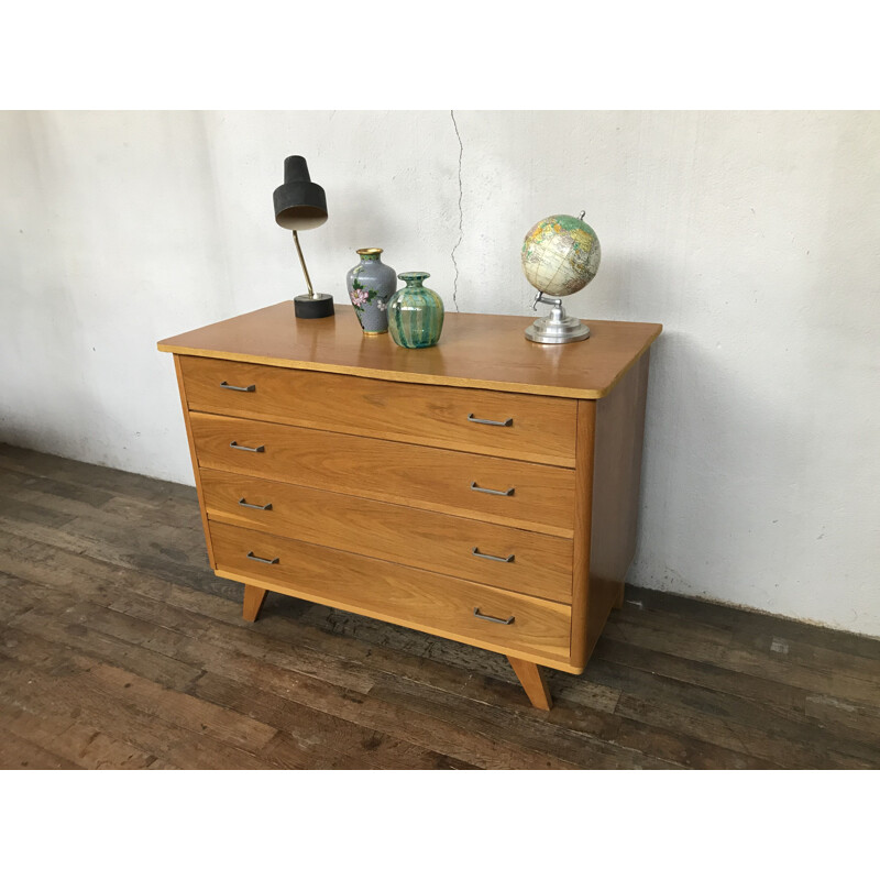 Vintage light oak chest of drawers with compass feet 1950's