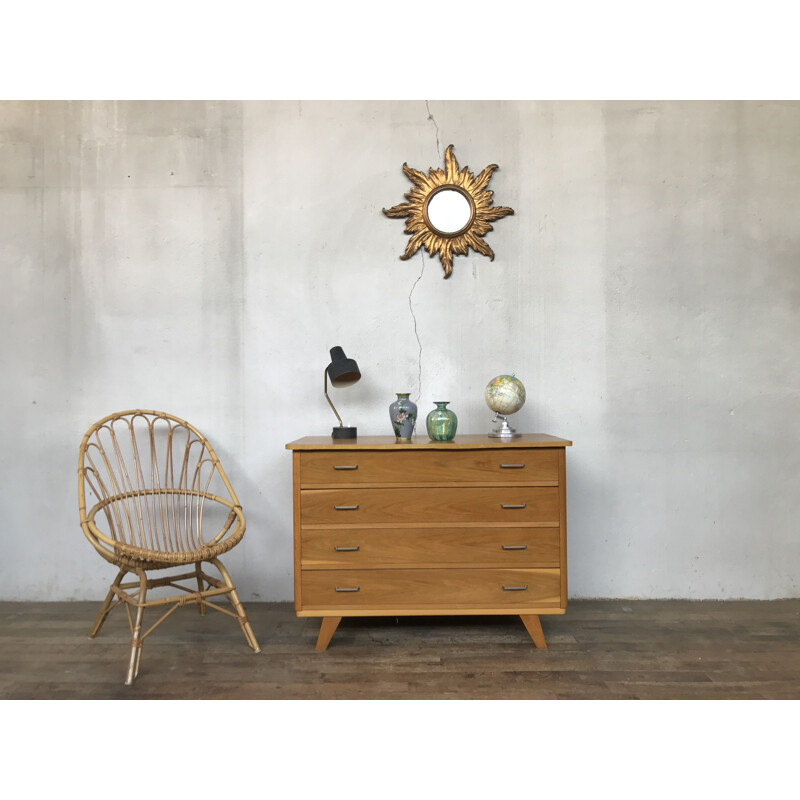 Vintage light oak chest of drawers with compass feet 1950's