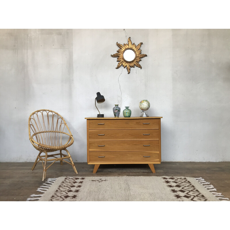 Vintage light oak chest of drawers with compass feet 1950's