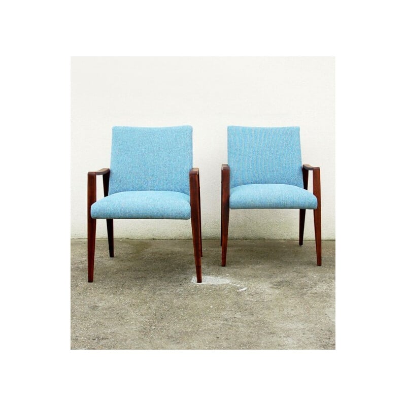 Vintage mahogany sky blue armchairs - 1960s