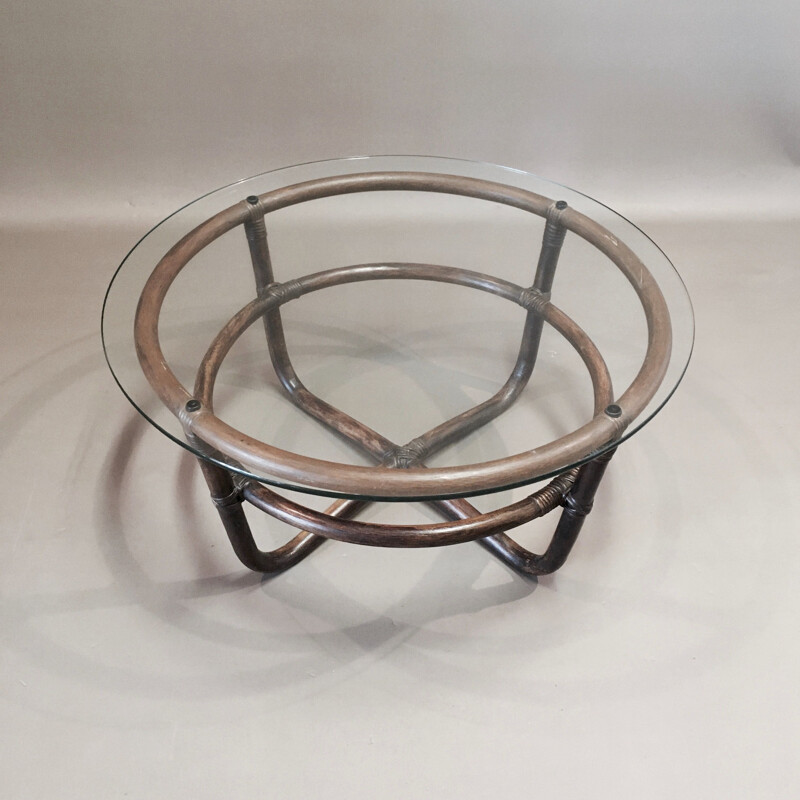 Vintage round coffee table rattan 1950