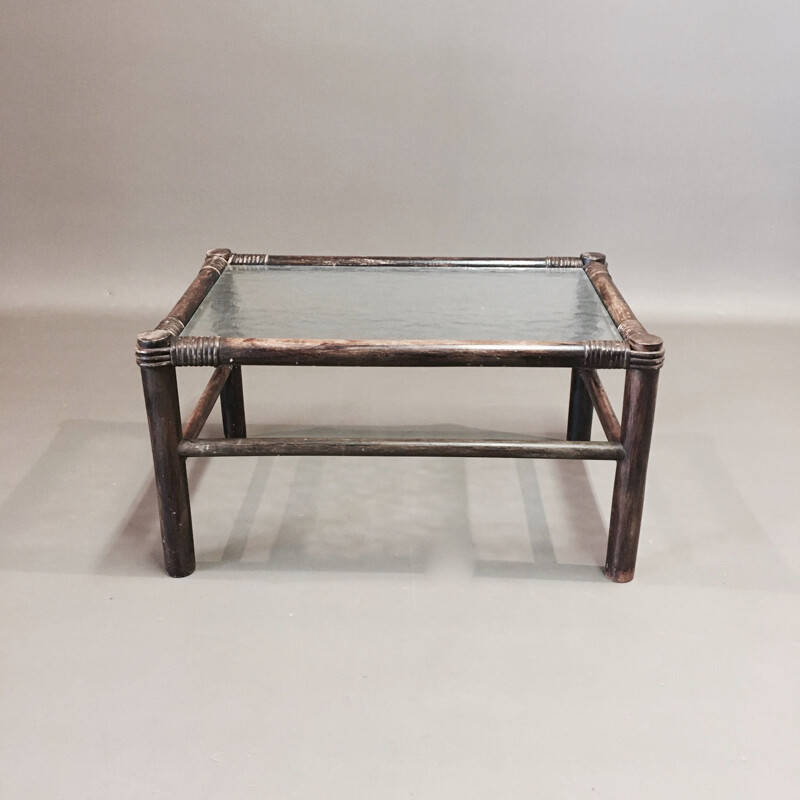 Vintage rectangular coffee table rattan 1950