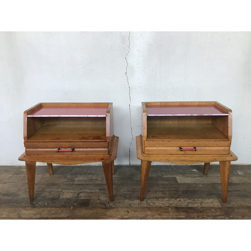 Pair of vintage light oak bedside tables with compass feet1950