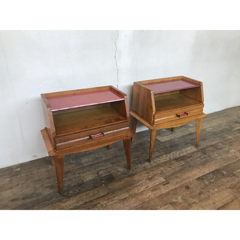 Pair of vintage light oak bedside tables with compass feet1950