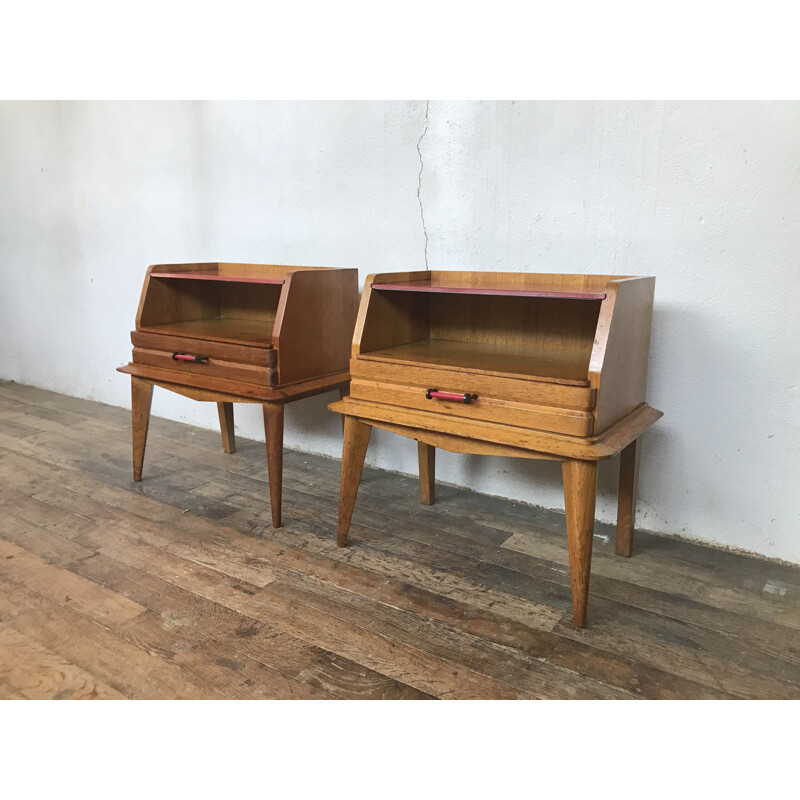 Pair of vintage light oak bedside tables with compass feet1950