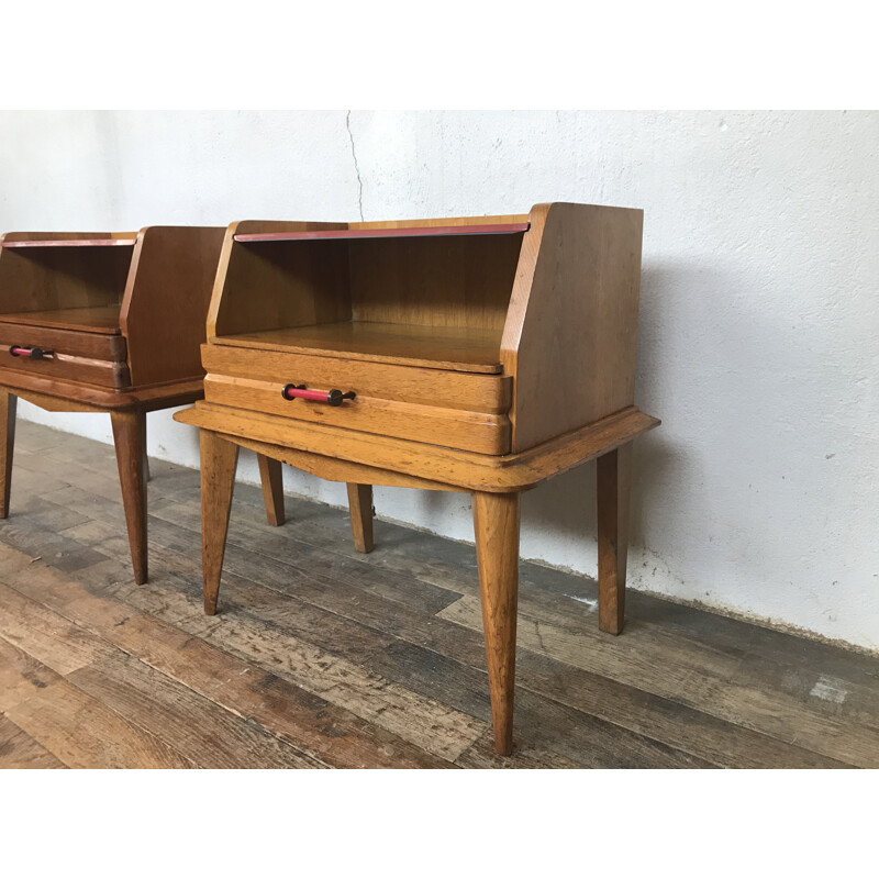 Pair of vintage light oak bedside tables with compass feet1950