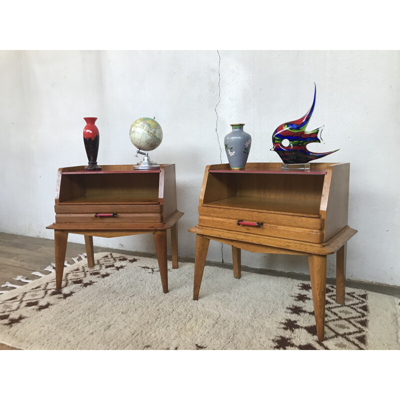 Pair of vintage light oak bedside tables with compass feet1950