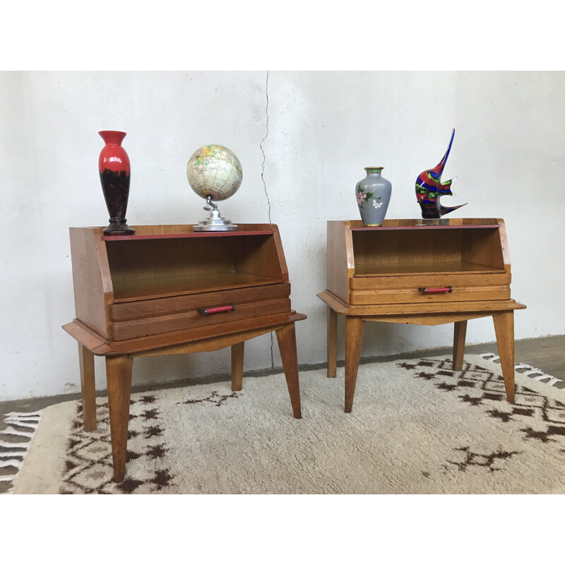 Pair of vintage light oak bedside tables with compass feet1950