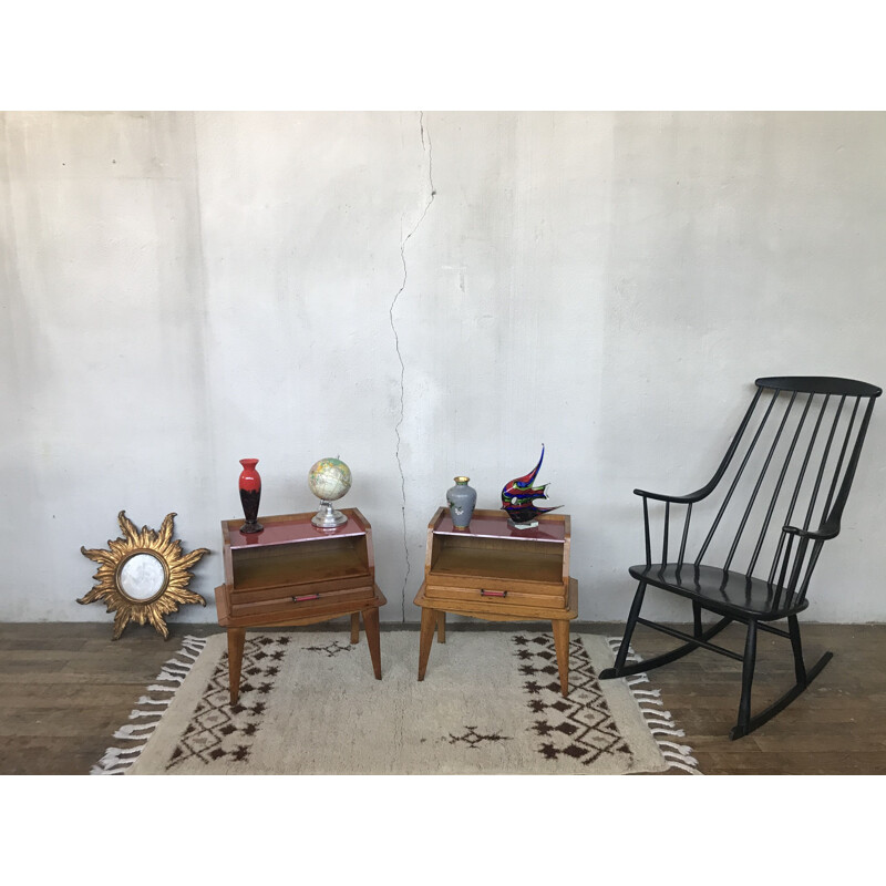 Pair of vintage light oak bedside tables with compass feet1950