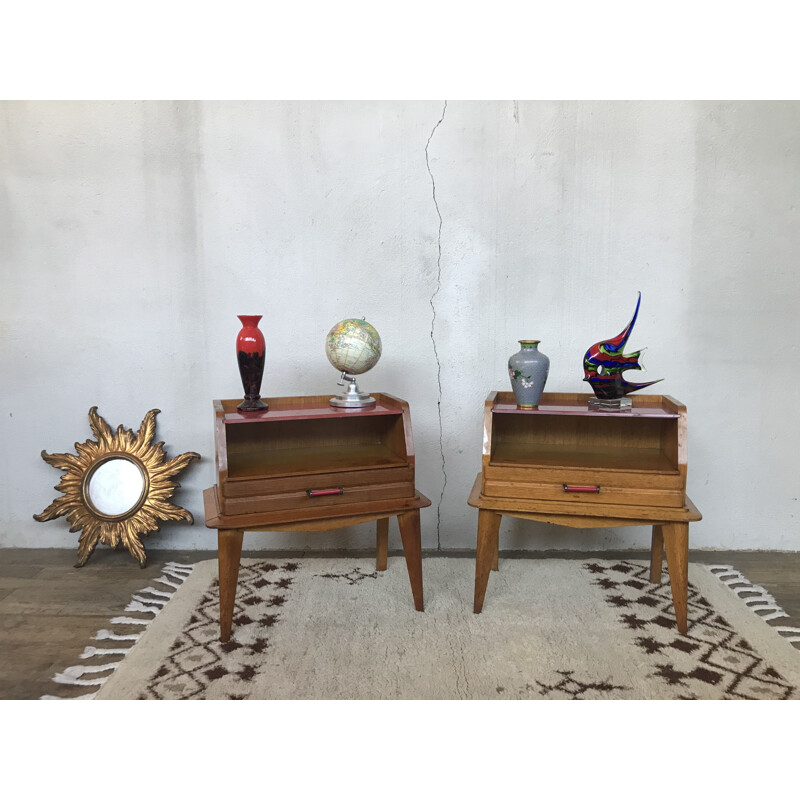 Pair of vintage light oak bedside tables with compass feet1950
