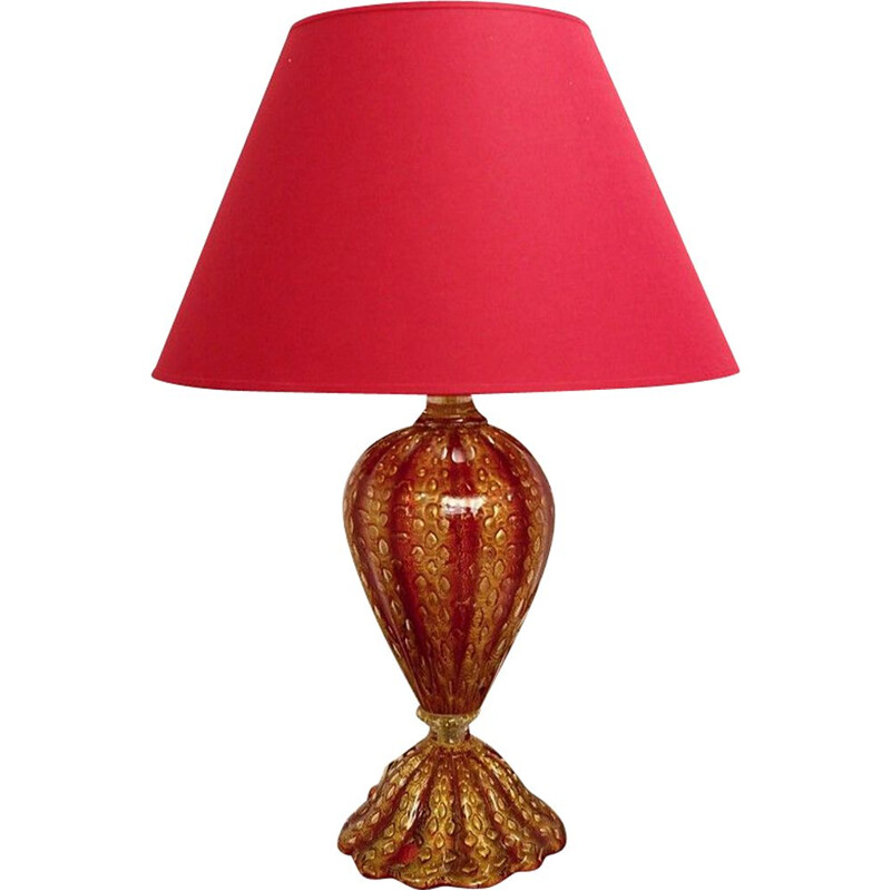 lampe de table vintage Barovier & Toso en verre de Murano rouge et or 1950