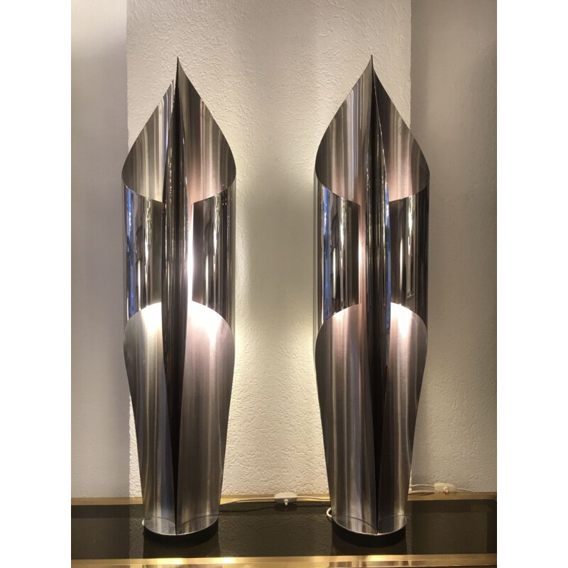 Pair of vintage lamps in brushed stainless steel model 'Voile' by Maison Charles