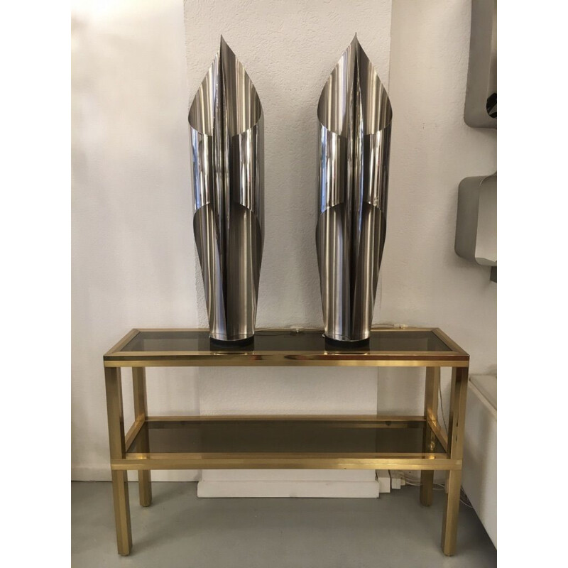 Pair of vintage lamps in brushed stainless steel model 'Voile' by Maison Charles