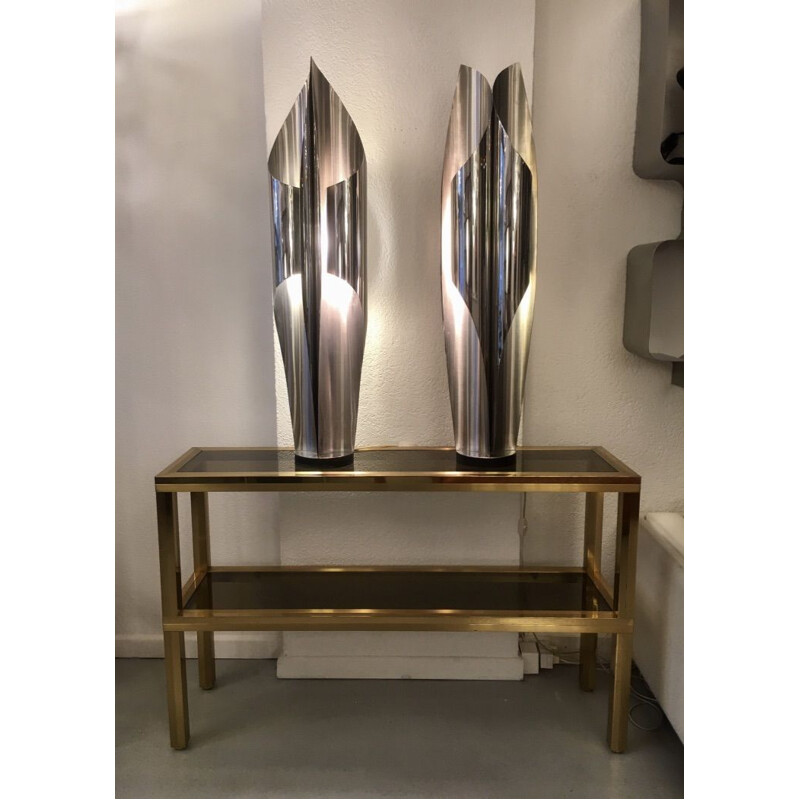 Pair of vintage lamps in brushed stainless steel model 'Voile' by Maison Charles