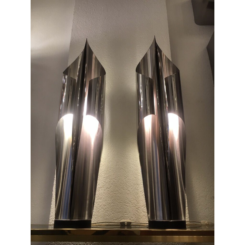 Pair of vintage lamps in brushed stainless steel model 'Voile' by Maison Charles