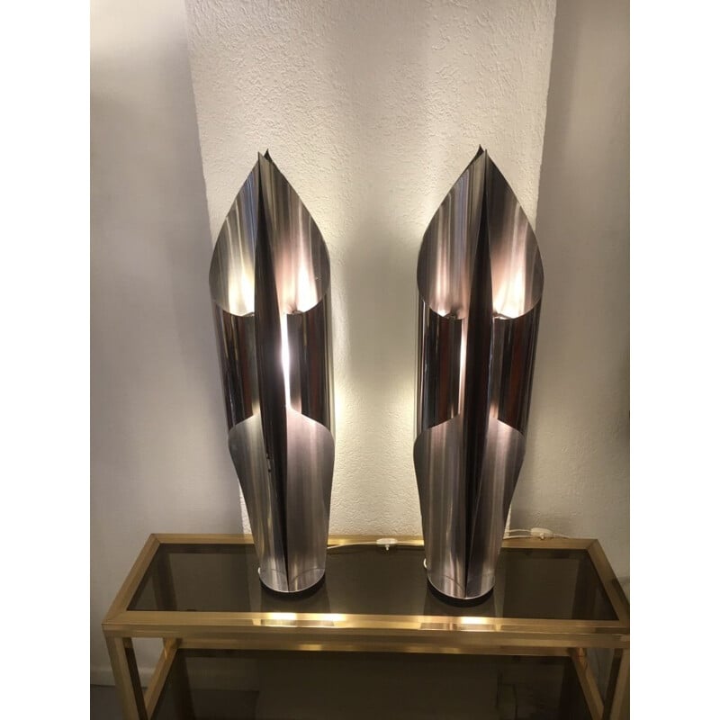 Coppia di lampade vintage in acciaio inox spazzolato 'Voile' di Maison Charles