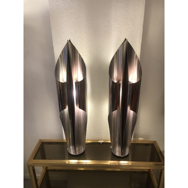 Pair of vintage lamps in brushed stainless steel model 'Voile' by Maison Charles