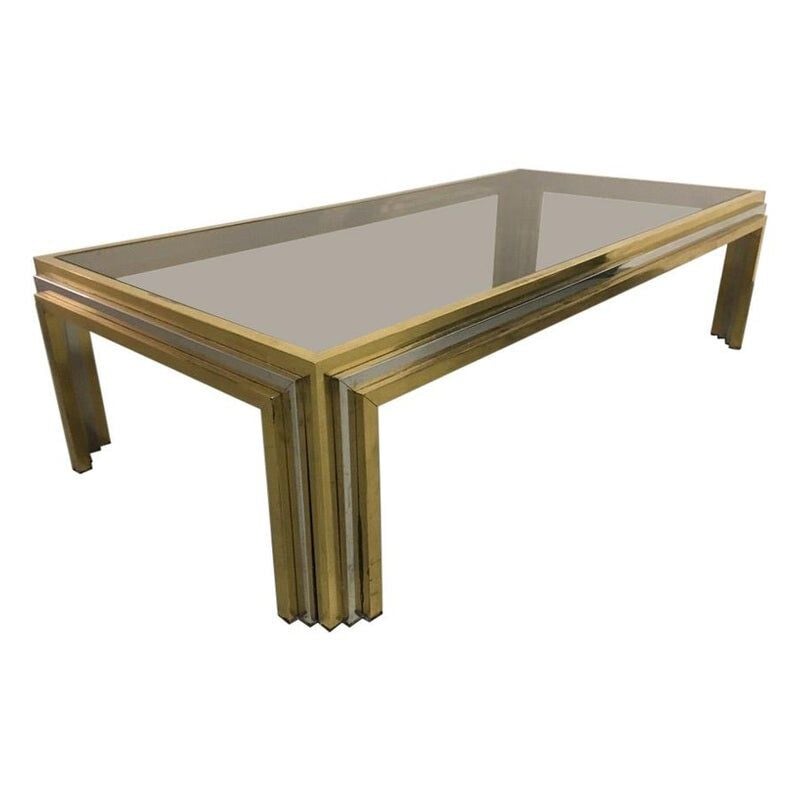 Vintage brass and stainless steel coffee table by Romeo Rega, Italy 1970