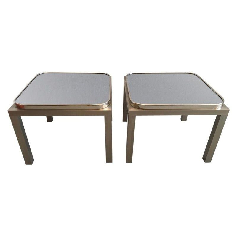 Pair of vintage side table brushed steel and glass 1970's