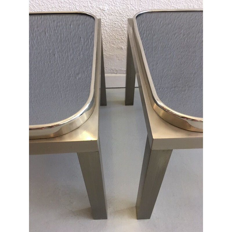 Pareja de mesas auxiliares vintage de acero cepillado y cristal 1970