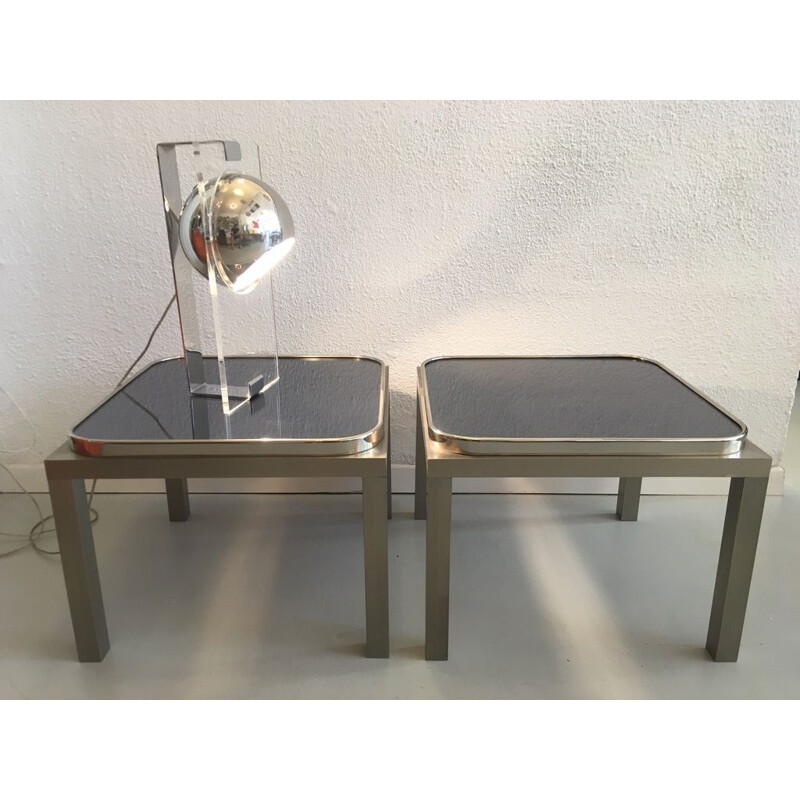 Pair of vintage side table brushed steel and glass 1970's