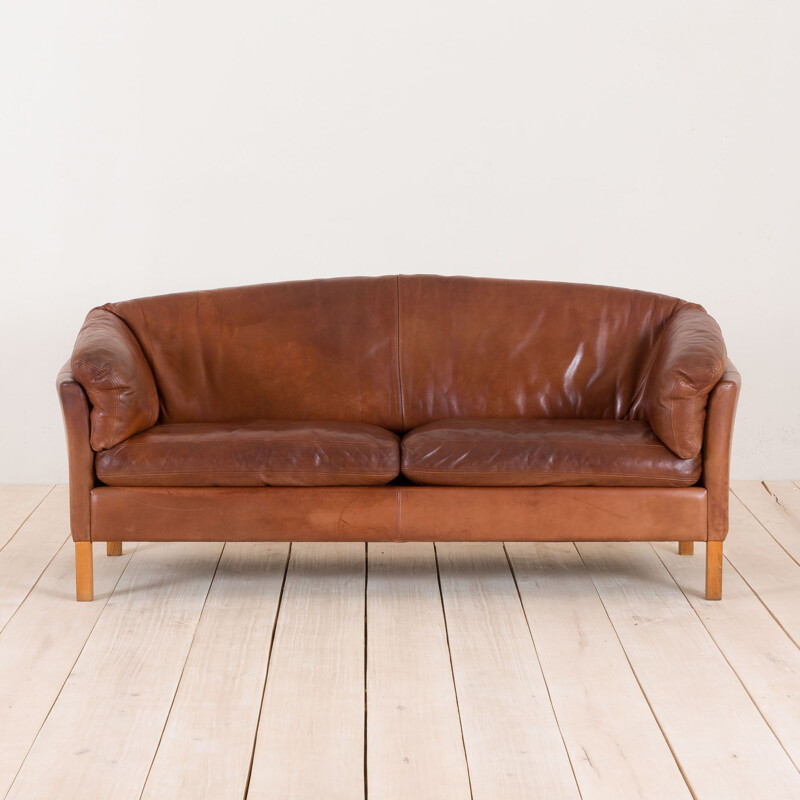 Vintage 2,5 seater cognac leather sofa Mogens Hansen 1970