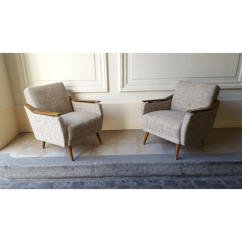 Vintage clubfauteuil van hout en grijze stof - 1950