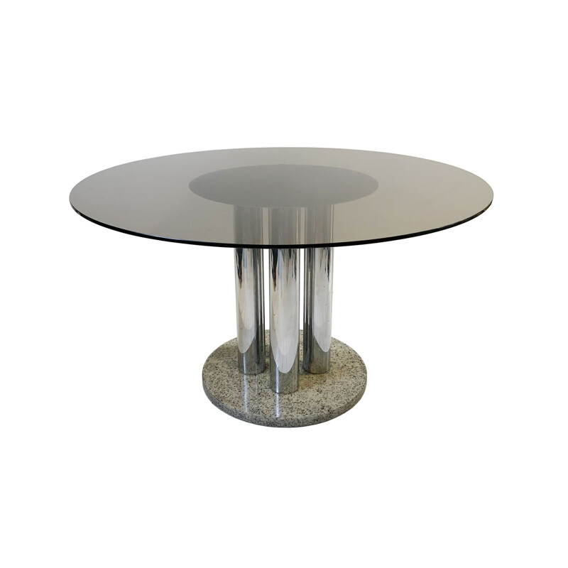 Vintage Dining Table Smoked Glass Zanotta Chrome And Granite Circular Space Age Marble Hollywood Regency 1970