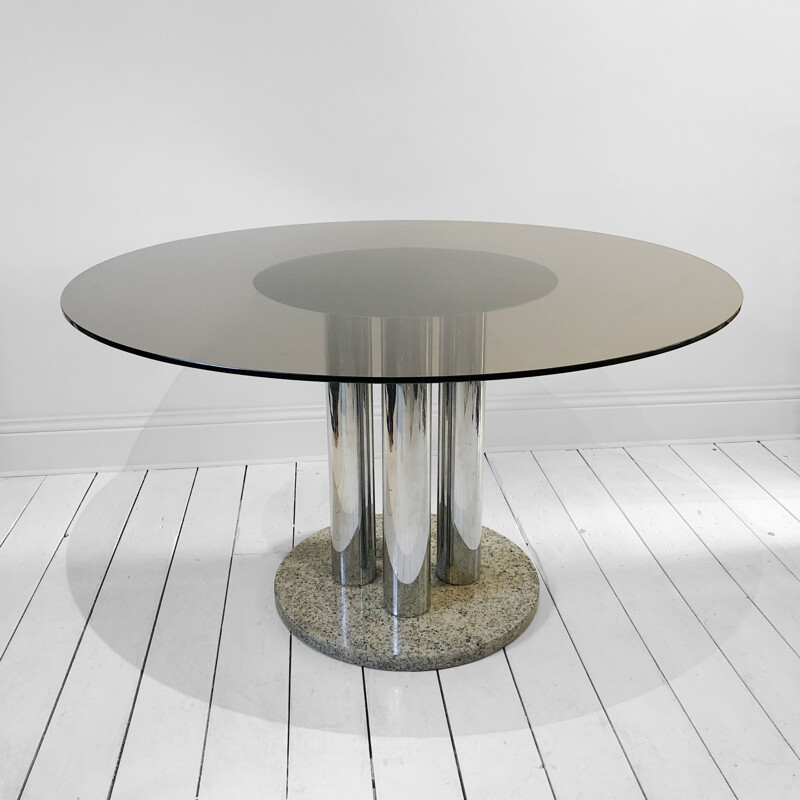 Table vintage Verre fumé Zanotta Chrome et granit Circulaire Space Age Marbre Hollywood Regency 1970
