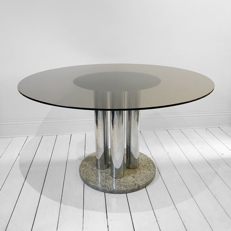 Vintage Dining Table Smoked Glass Zanotta Chrome And Granite Circular Space Age Marble Hollywood Regency 1970