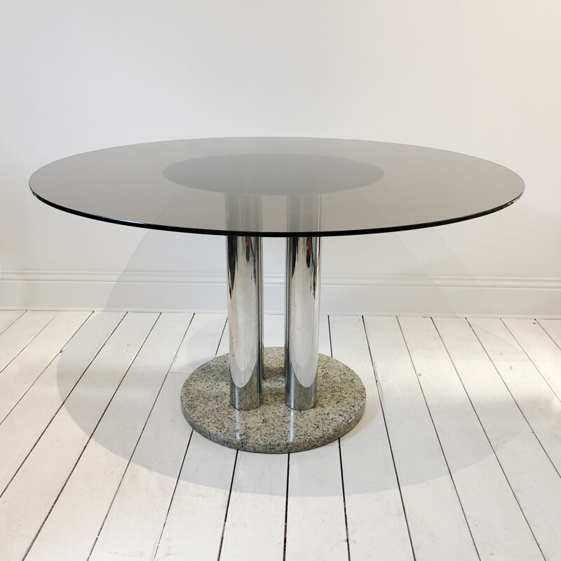 Table vintage Verre fumé Zanotta Chrome et granit Circulaire Space Age Marbre Hollywood Regency 1970