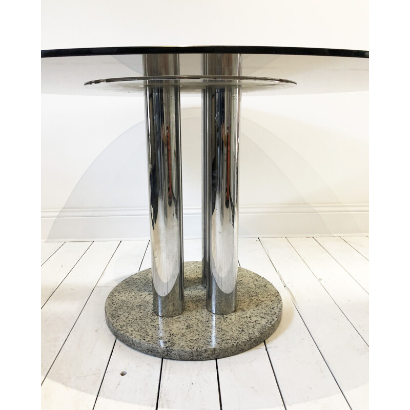 Table vintage Verre fumé Zanotta Chrome et granit Circulaire Space Age Marbre Hollywood Regency 1970