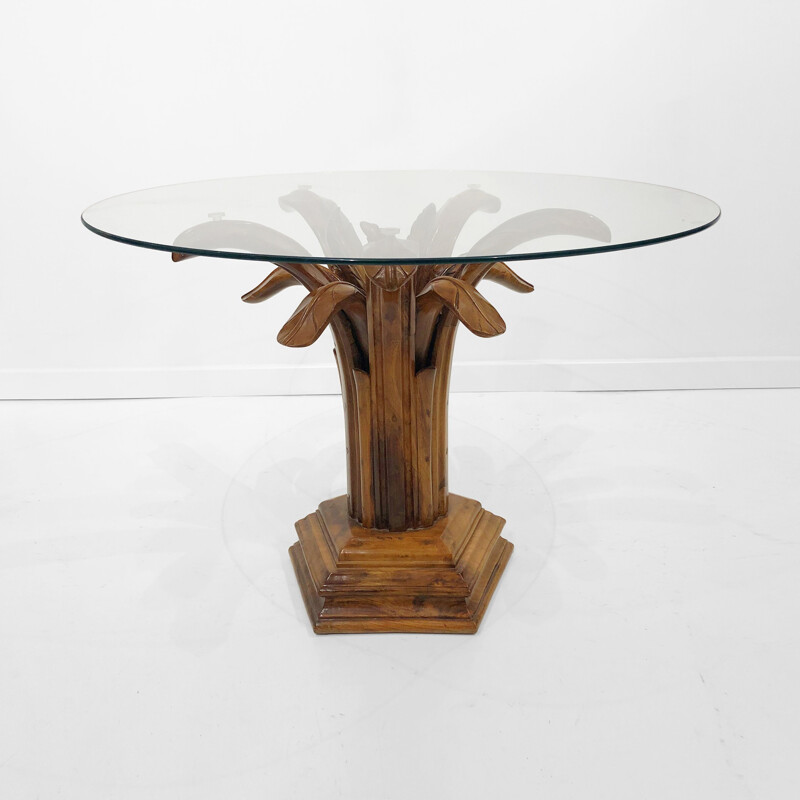 Midcentury Side Table Hollywood Regency Glass Carved Burl Wood Palm Tree 1980s