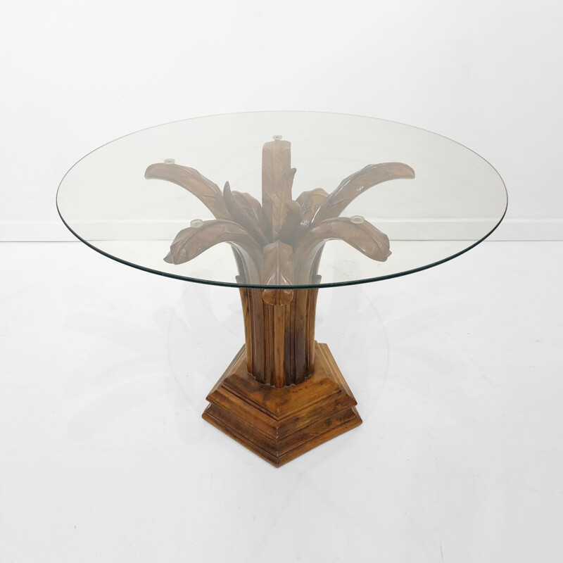 Midcentury Side Table Hollywood Regency Glass Carved Burl Wood Palm Tree 1980s