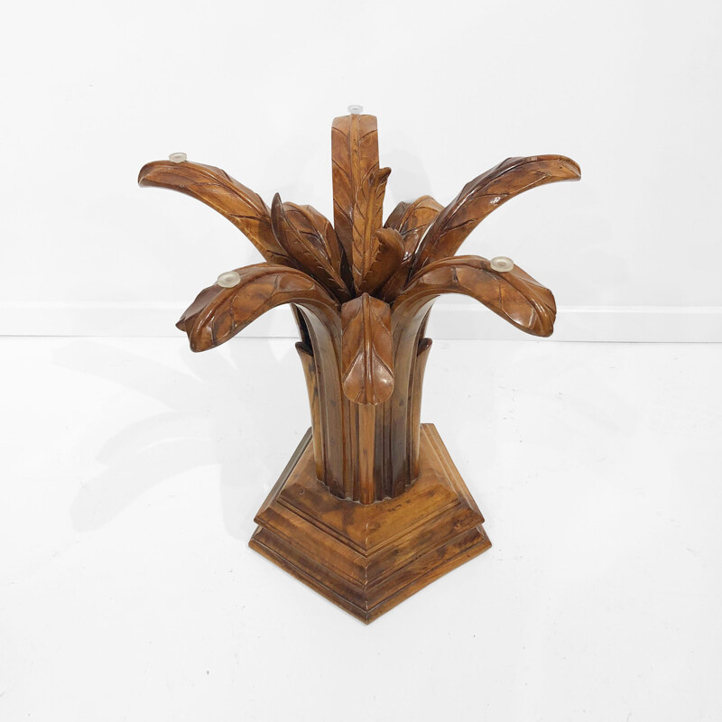 Midcentury Side Table Hollywood Regency Glass Carved Burl Wood Palm Tree 1980s