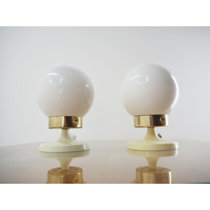 Pair of Midcentury Glass, Brass and Plastic Table Lamps , Czechoslovakia 1970s