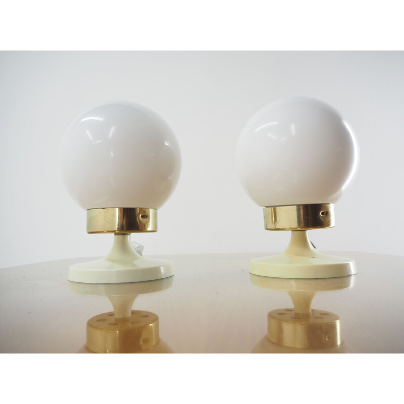 Pair of Midcentury Glass, Brass and Plastic Table Lamps , Czechoslovakia 1970s