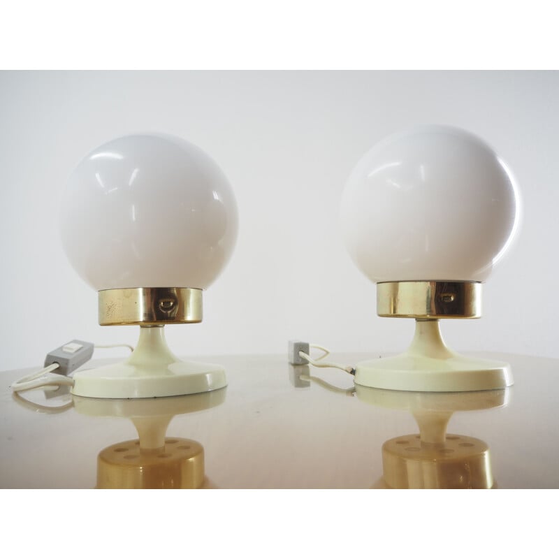 Pair of Midcentury Glass, Brass and Plastic Table Lamps , Czechoslovakia 1970s