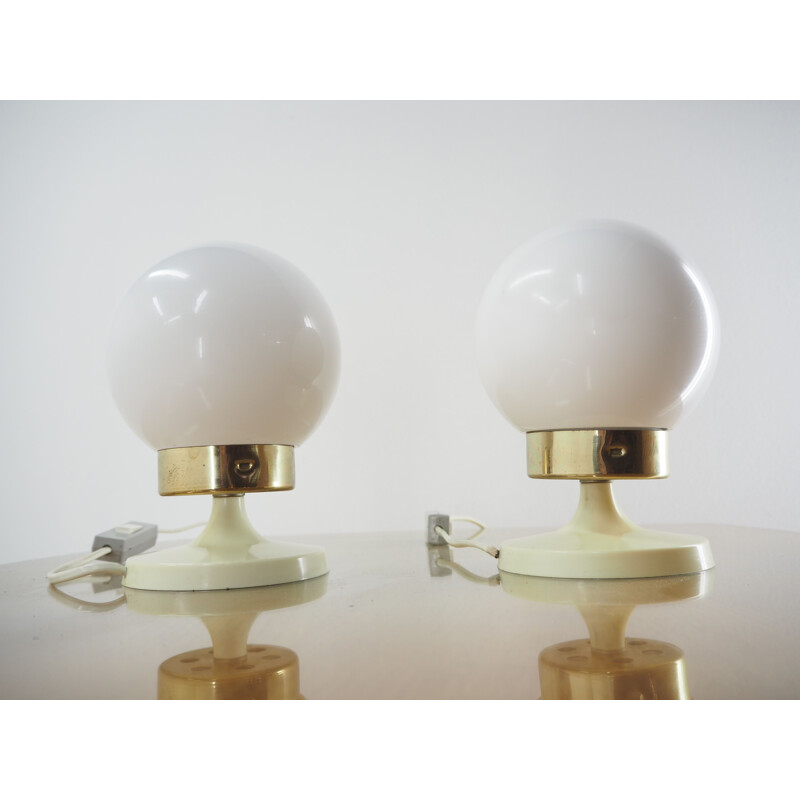 Pair of Midcentury Glass, Brass and Plastic Table Lamps , Czechoslovakia 1970s