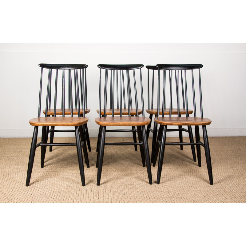 Série de 6 chaises de repas vintage style Fanett en teck et hêtre teinté