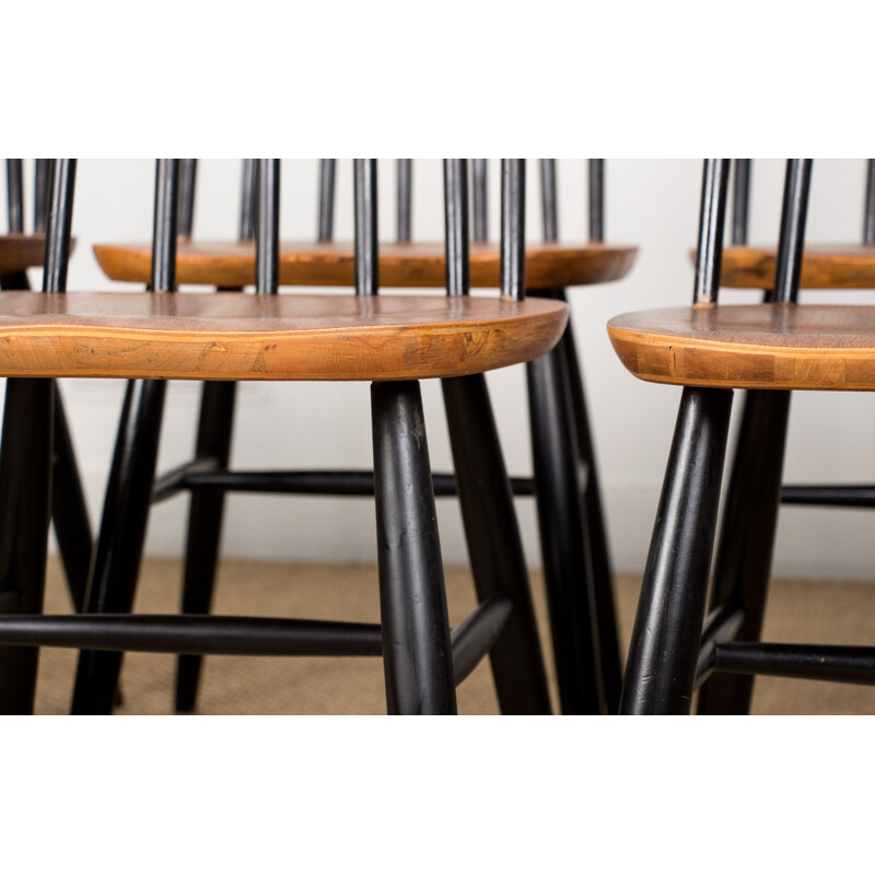 Série de 6 chaises de repas vintage style Fanett en teck et hêtre teinté