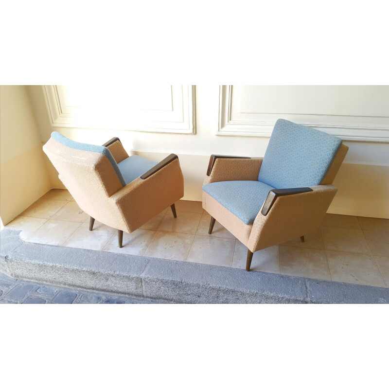 Pair of mid-century armchairs in wood and fabric - 1950s