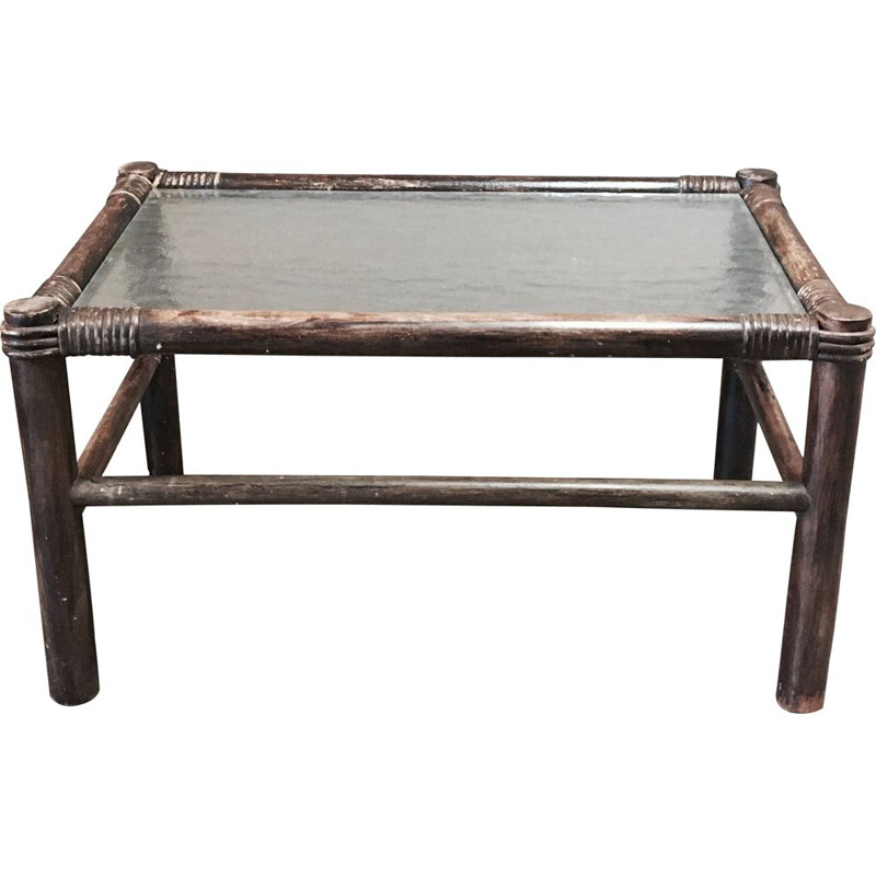 Table basse vintage rectangulaire rotin 1950